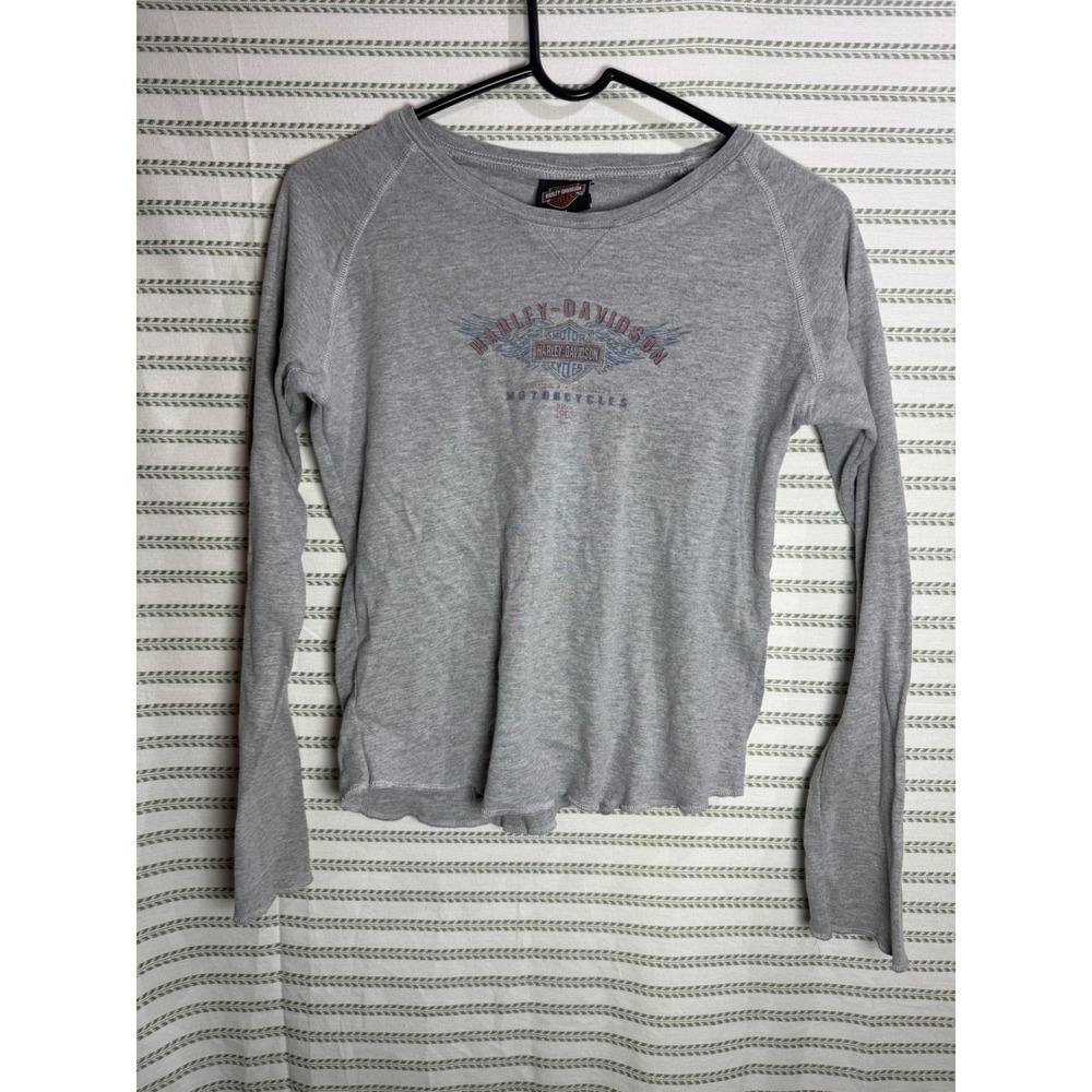 Harley-Davidson 00s Womens Long Sleeve Waffle Knit Graphic Top Gray Medium 78/80